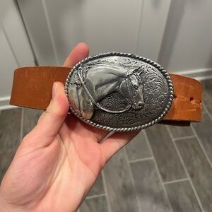 Western Horse Oval Buckle Brown Leather Belt